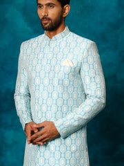 Men's Blue And Cream Viscose Sherwani Set