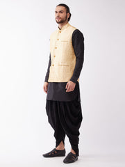 Men's Black And Gold Silk Blend Jacket, Kurta and Dhoti Set