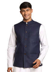 Men's Blue And White Cotton Nehru Jacket