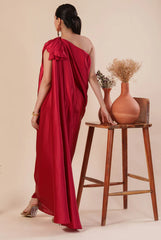 Women Stylist Maroon Red One Shoulder Pleated And Drape Style Satin Gown