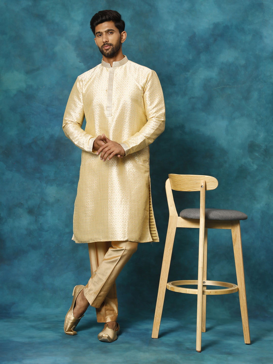 Men's Gold And Rose Gold Silk Blend Kurta Pyjama Set