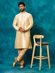 Men's Gold And Rose Gold Silk Blend Kurta Pyjama Set