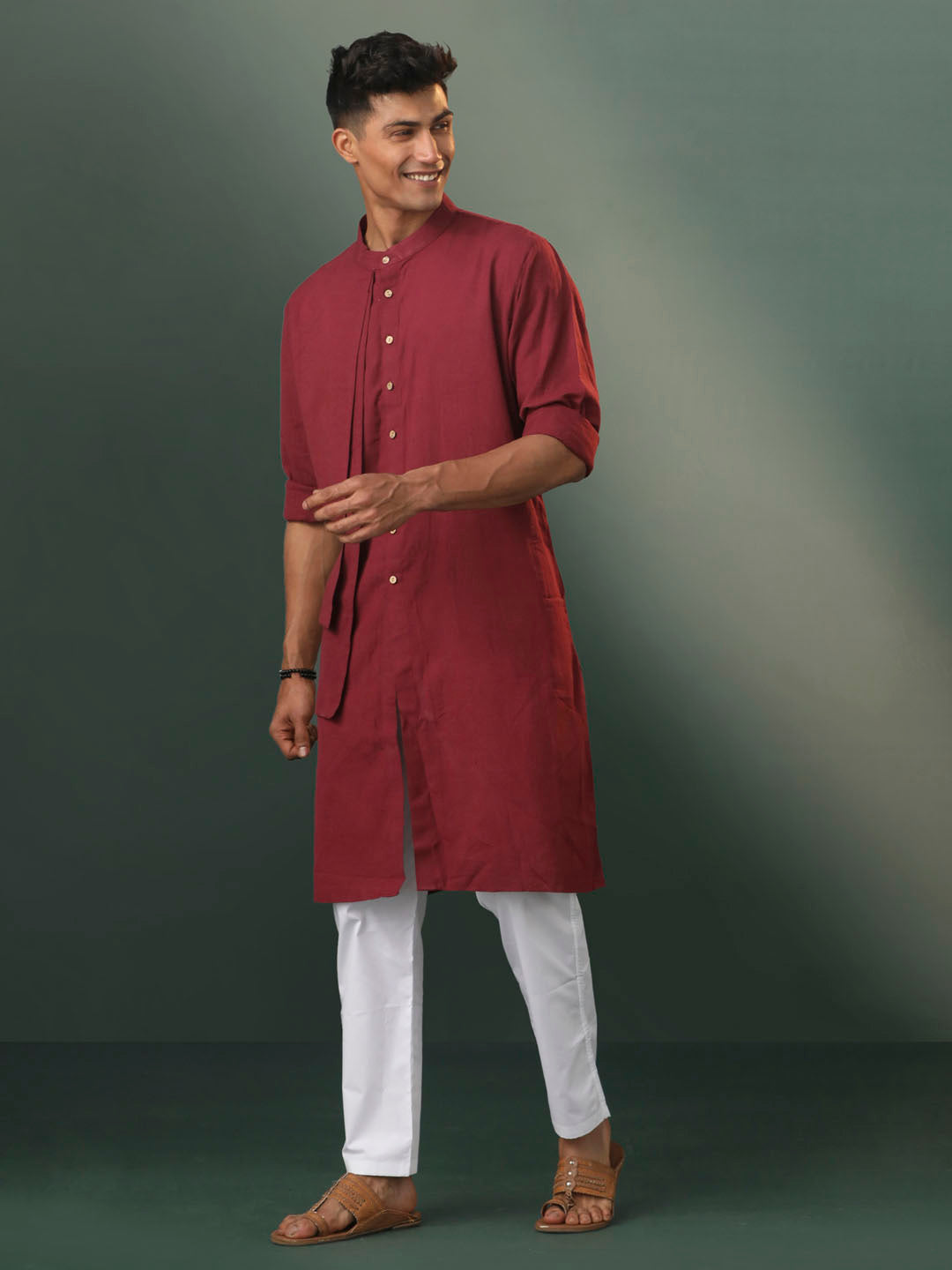 Men's Wine And White Cotton Kurta Pyjama Set