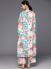 Kalini Women Orange Floral Printed Mandarin Collar With Gathered Details, Bishop Sleeves Straight Kurta Paired With Printed Bottom