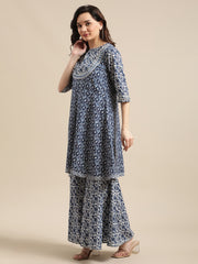 Indigo And White Floral Printed Flared Kurta Sharara Set