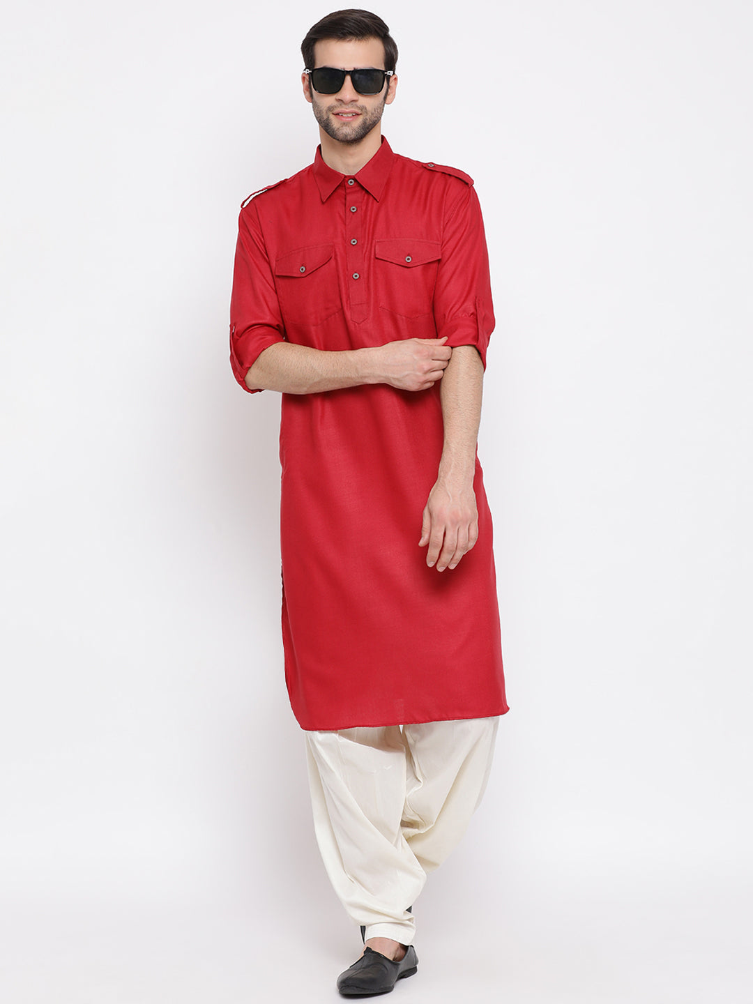 Men's Maroon Cotton Blend Pathani Kurta