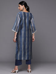 Kalini Women Navy Blue Printed Straight Kurta With Lace Detailed Paired With Tonal Bottom