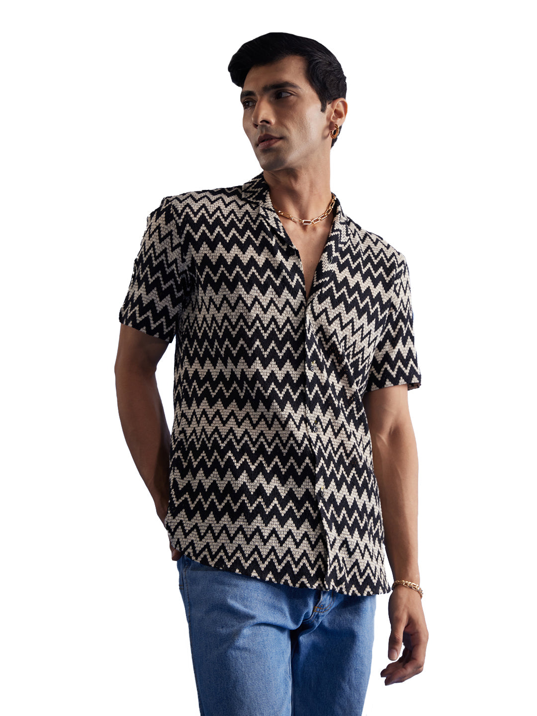 Men's Beige And Black Cotton Blend Ethnic Shirt