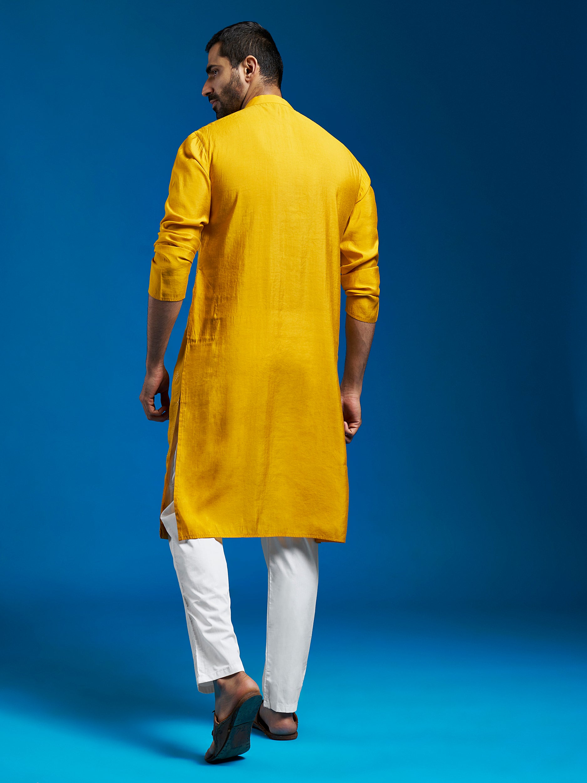 Men's Yellow Chanderi Kurta And Pyjama Set