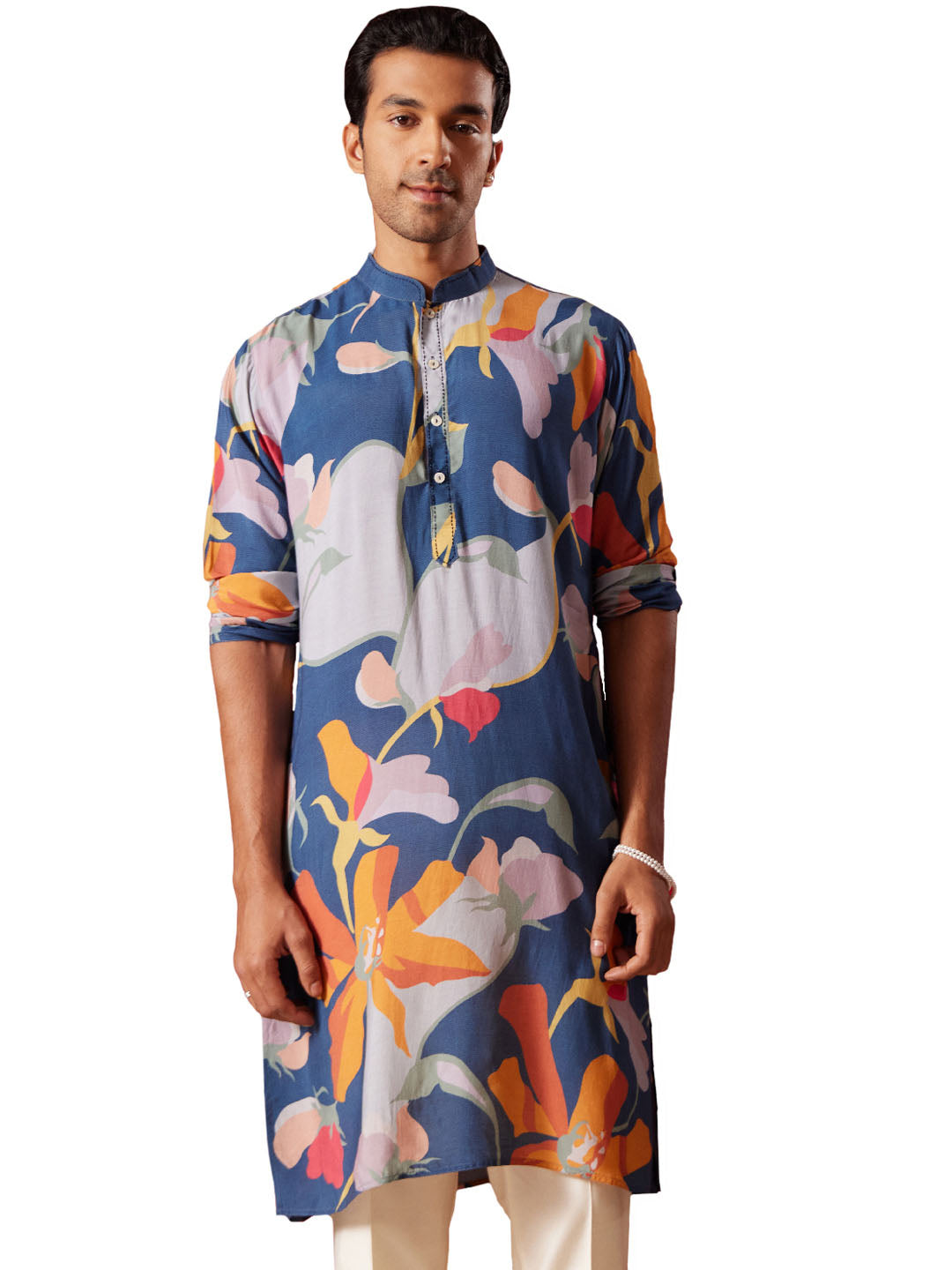 Men's Multi Color Base Blue Cotton blend Kurta