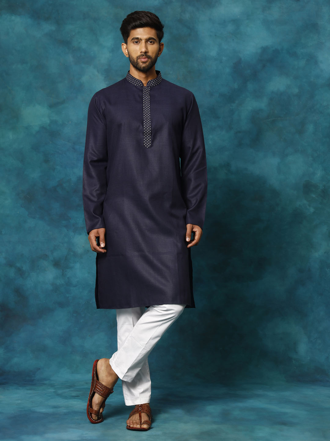 Men's Navy And White Cotton Blend Kurta Pyjama Set