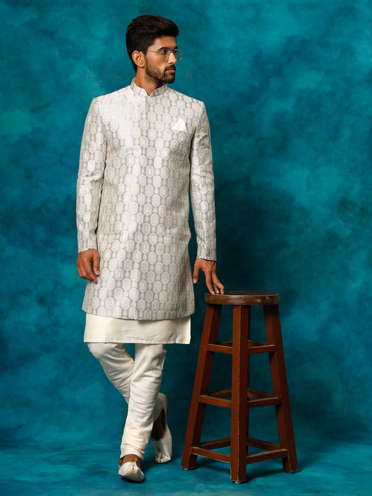 Men's Grey And Cream Viscose Sherwani Set