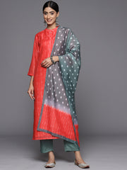 Women Red Bandhani Printed Straight Kurta Paired With Contrast Solid Bottom And Printed Dupatta