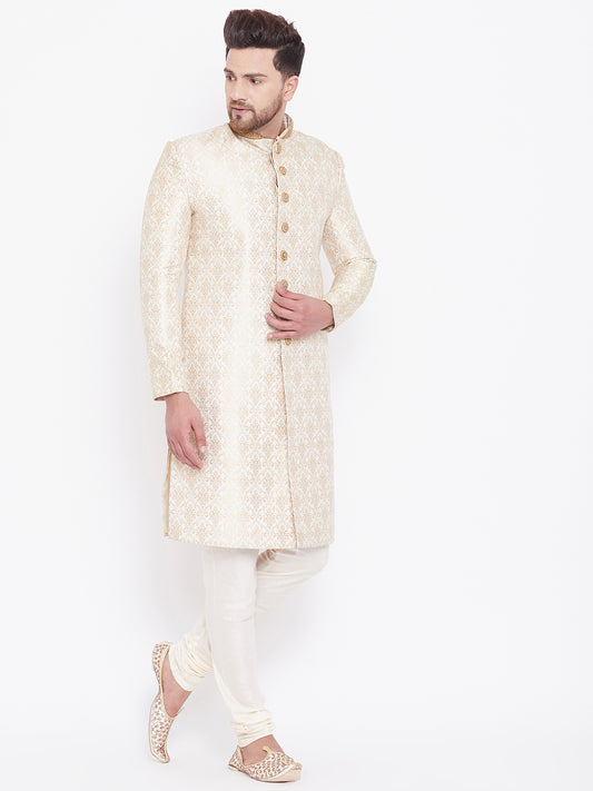 Men's Beige And Gold Silk Blend Sherwani Set