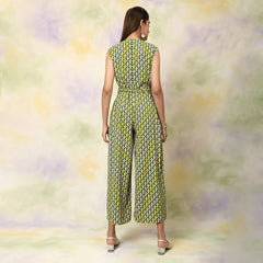 Printed Green Zipper Jumpsuit