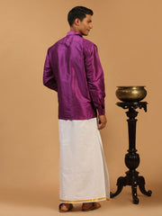 Men's Purple And White Silk Blend Shirt And Mundu