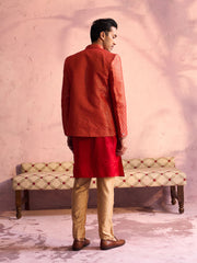 Men's Rose Gold And Red Moonga Silk Jacket, Kurta and Pyjama Set