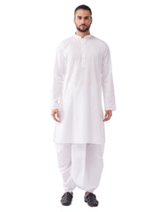 Men's White Cotton Blend Kurta And Dhoti Set