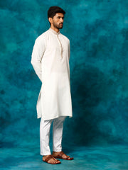 Men's Cream And White Cotton Blend Kurta Pyjama Set