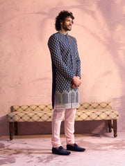 Men's Navy Blue And Pink Viscose Sherwani Set