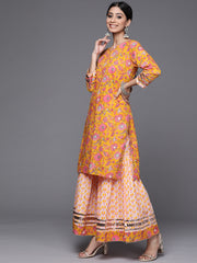 Yellow Straight Kurta With Elasticated Sharara Set.