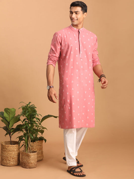 Men's Pink And White Cotton Kurta Pyjama Set