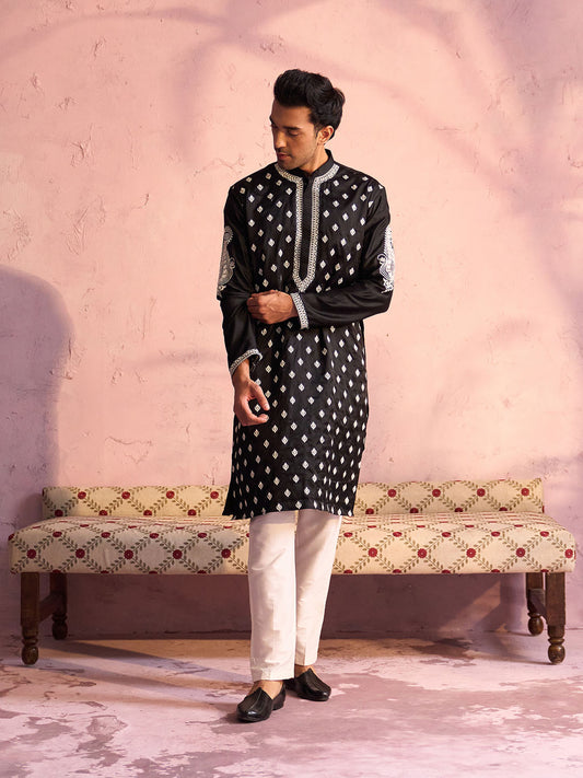 Men's Black And Cream Moonga Silk Kurta