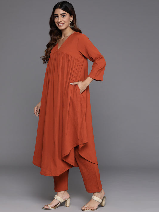 Women Rust Empire Gathered Details A-Line Kurta Paired With Tonal Bottom