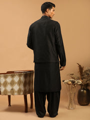 Men's Black Viscose Jacket, Kurta and Pyjama Set