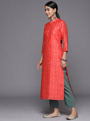 Women Red Bandhani Printed Straight Kurta Paired With Contrast Solid Bottom And Printed Dupatta