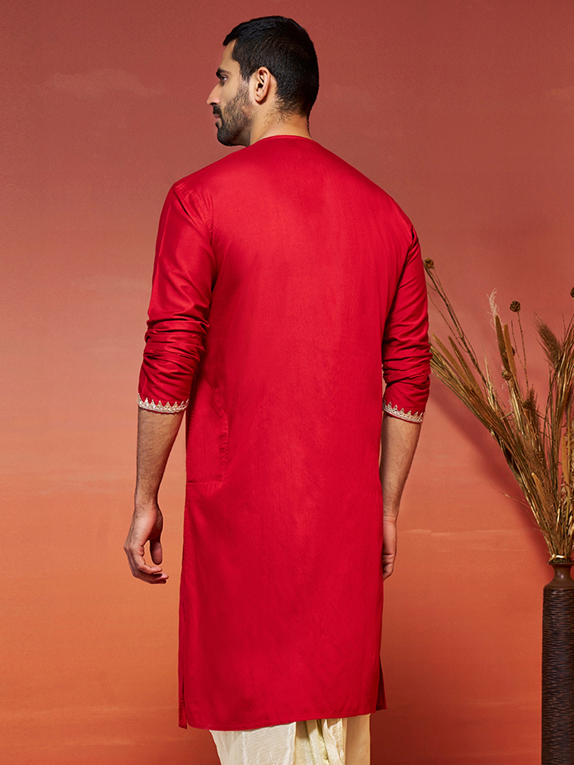 Men's Red Viscose Kurta