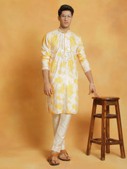 Men's Yellow And Cream Cotton Blend Kurta And Pyjama Set