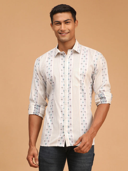 Men's Blue And White Cotton Ethnic Shirt