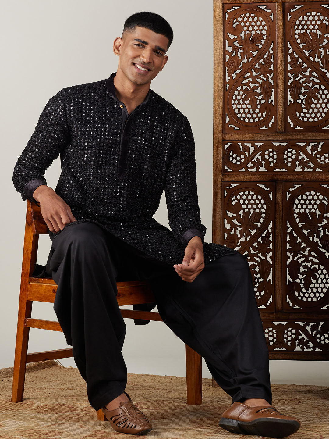 Men's Black Georgette Kurta