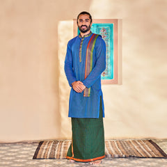 Men's Blue Cotton Kurta Mundu And Dupatta Set