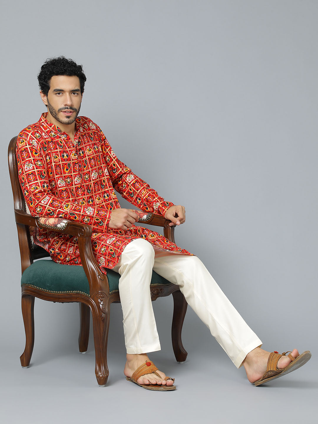 Men's Red And Cream Rayon Kurta Pyjama Set