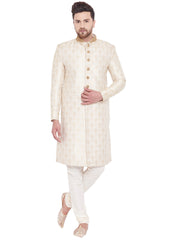 Men's Beige And Gold Silk Blend Sherwani Set