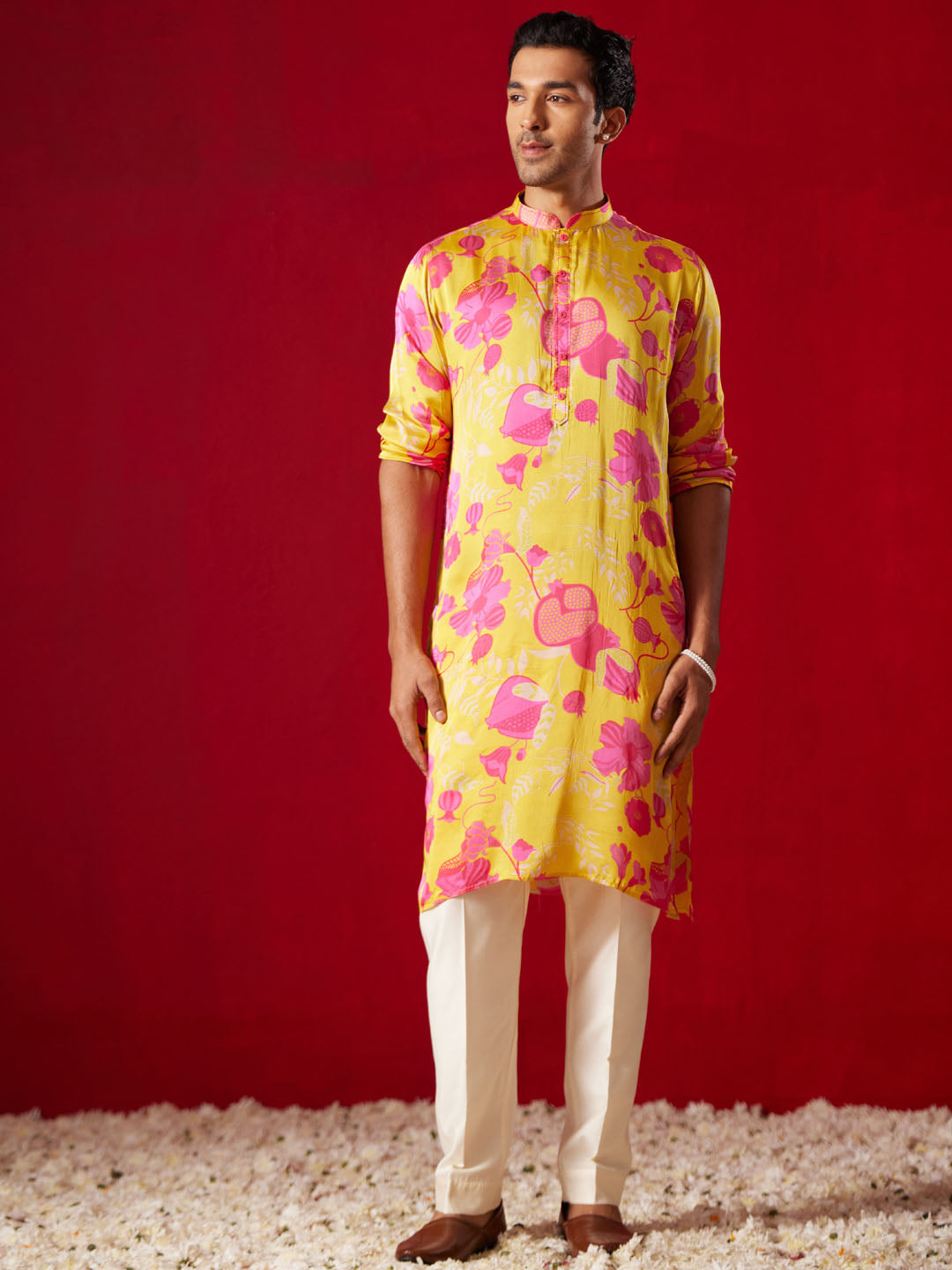 Men's Yellow Cotton blend Kurta Pyjama Set