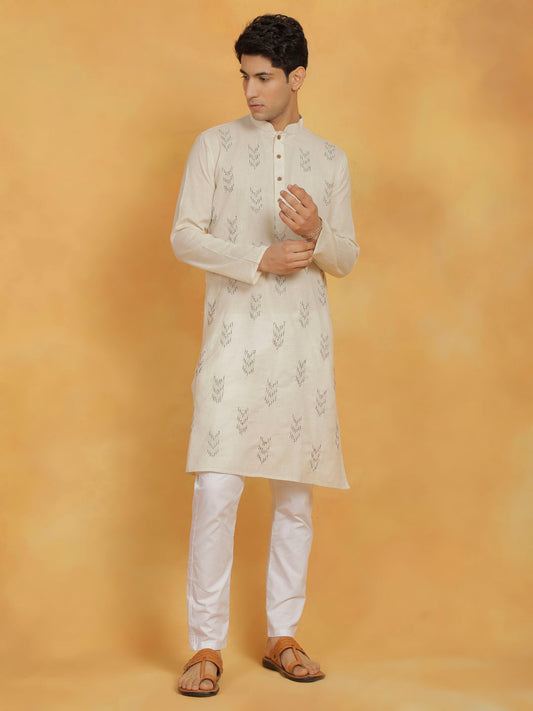 Men's Cream And White  Kora Kurta Pyjama Set