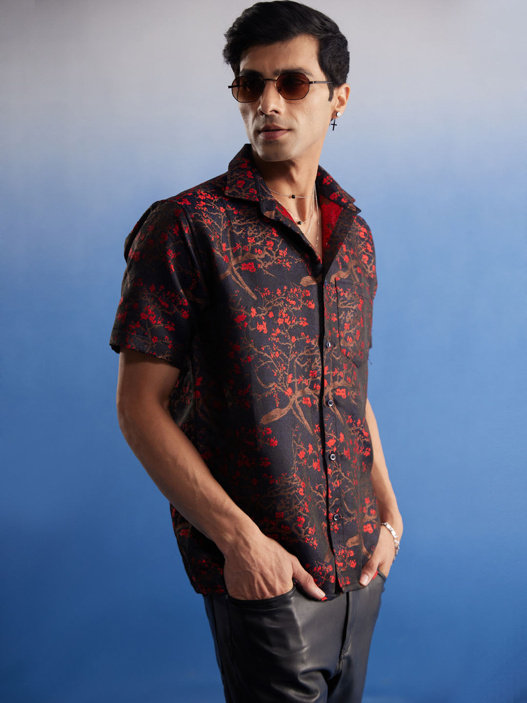 Men's Black Base Red Silk Blend Ethnic Shirt