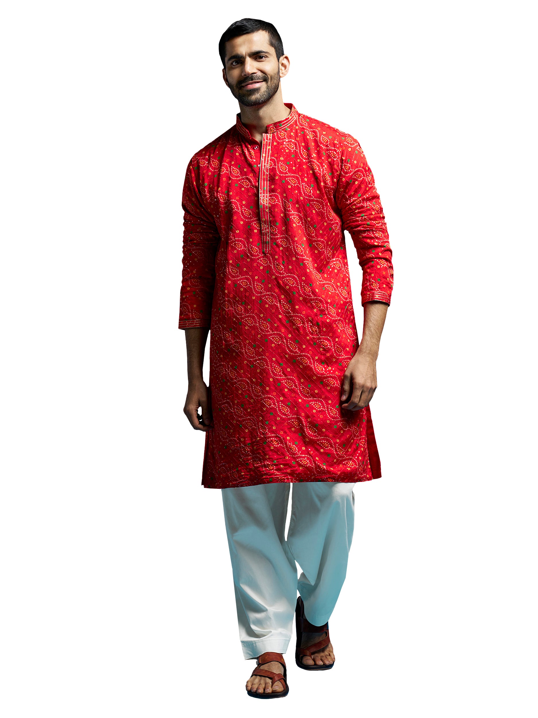 Men's Red And Cream Chinon Kurta And Patiala Set.