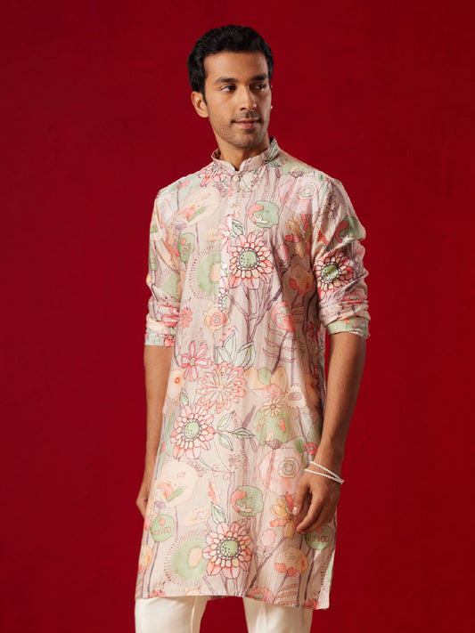 Men's Multi color Base Cream Cotton blend Kurta