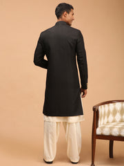 Men's Black And Cream Viscose Sherwani Set