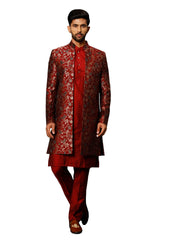 Men's Red Viscose Sherwani Set