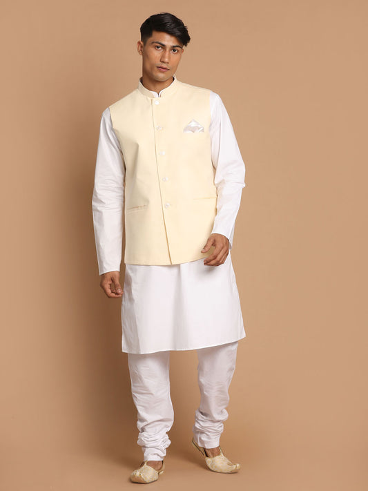 Men's Cream And White Pure Cotton Jacket, Kurta and Pyjama Set