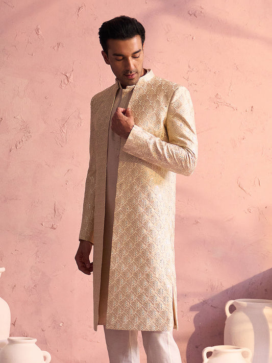 Men's Beige Silk Blend Sherwani Only Top