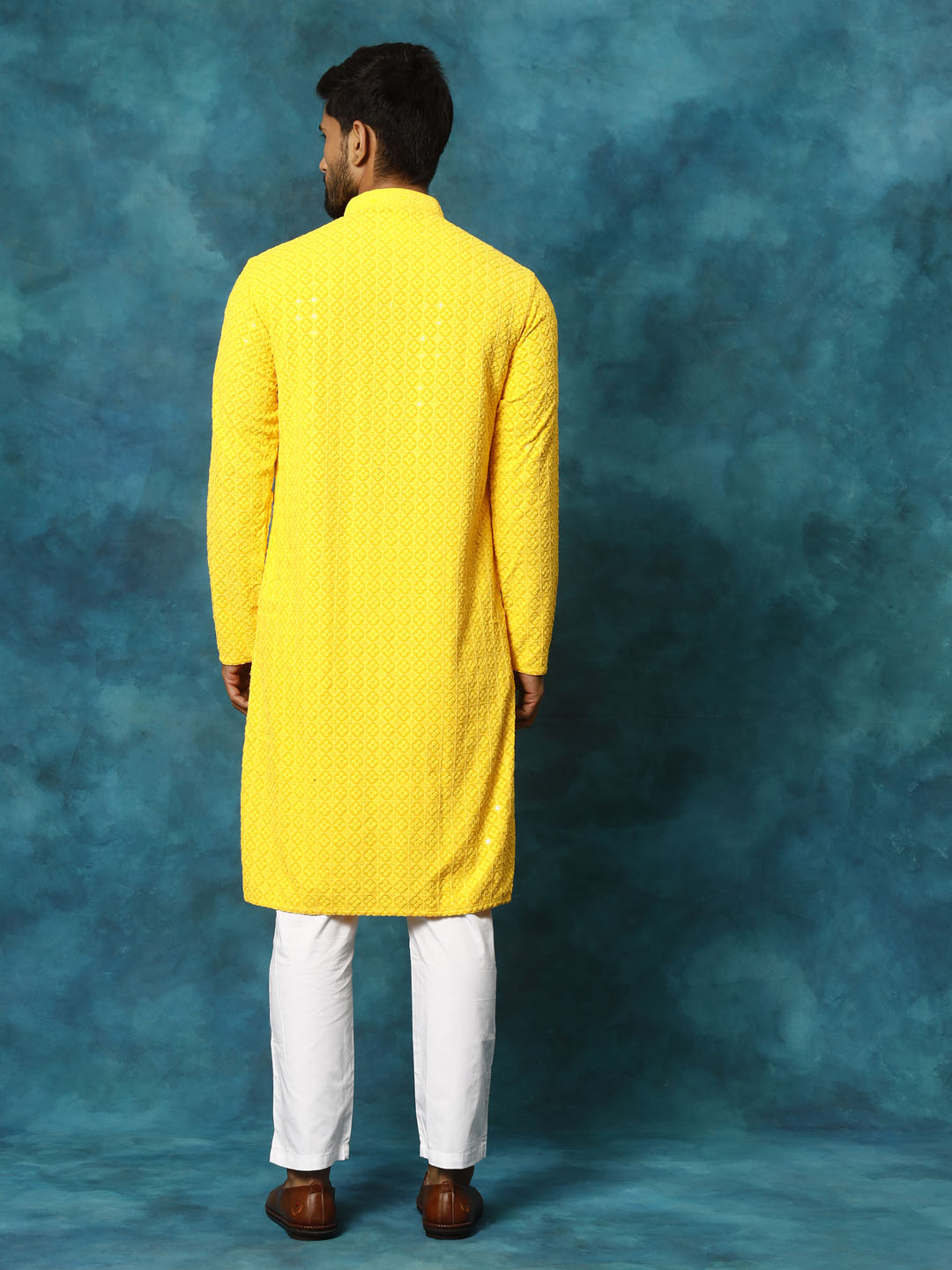 Men's Yellow And White Rayon Cotton Kurta Pyjama Set