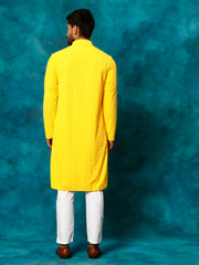 Men's Yellow And White Rayon Cotton Kurta Pyjama Set