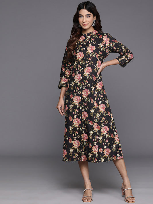 Varanga Women Black Floral Printed A-Line Dress