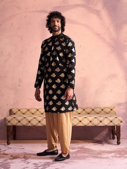 Men's Black And Rose Gold Viscose Kurta and Patiala Set